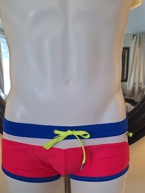 Men's Bright Pink & Blue Swim Trunks with Neon Drawstring